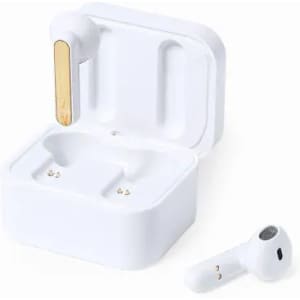 A white earphone case with a gold accent, featuring one earbud outside the case.