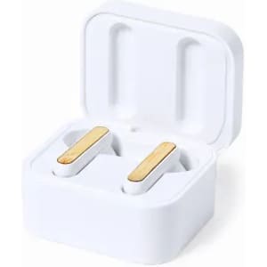 A white earbud case containing two earbuds with wooden accents. The case is closed, showcasing the sleek design.