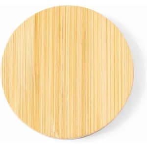 A round bamboo serving board with a natural wood grain pattern and a smooth finish.