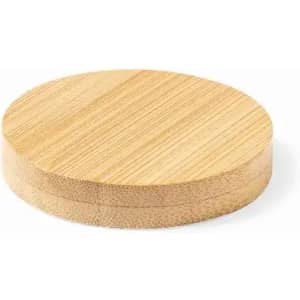 A bamboo coaster set featuring a smooth, round design in a natural wood colour. It has a subtle texture.