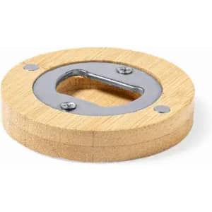 A bamboo drink coaster with a metal handle, featuring a circular design and a smooth finish.