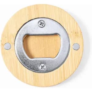 A bottle opener made of stainless steel with a bamboo base, featuring a circular design and metal fasteners.