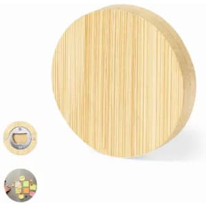 A round bamboo board with a smooth surface, featuring a small cut-out section for storage.