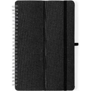 A notebook with a black textured cover, spiral binding, and an elastic strap to keep it closed.