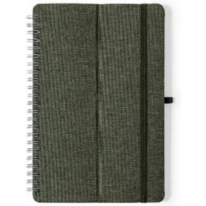 A notebook with a textured green cover, featuring spiral binding and an elastic band for closure.