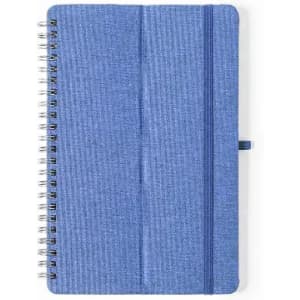 A blue spiral-bound notebook with a textured cover and an elastic band closure. It has a wire-bound spine.
