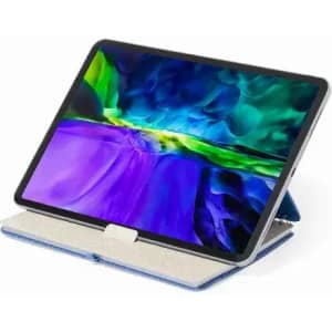 A tablet with a vibrant multicoloured screen, set on a blue case with a triangular stand. The device features a thin black bezel.