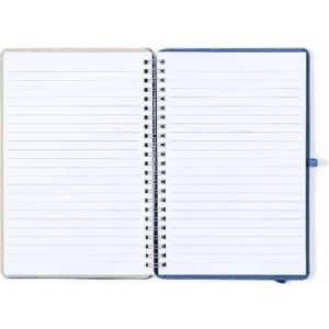 A notebook with a blue cover and spiral binding, featuring blank lined pages inside.