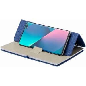 A phone case with a denim design featuring a smartphone propped up inside. The interior is a light colour.