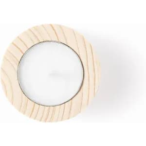 A round candle holder made of natural wood, featuring a white candle in the centre. It has a simple, rustic design.