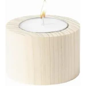A candle in a round, light wood holder with a white wax interior and a single wick. The holder has a textured finish.