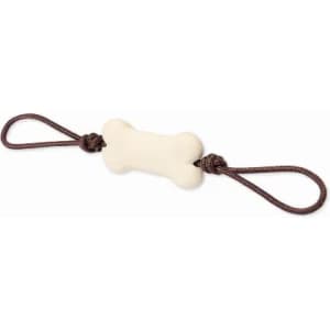 A chew toy shaped like a bone, featuring a brown rope on either end. The toy is in a cream colour.