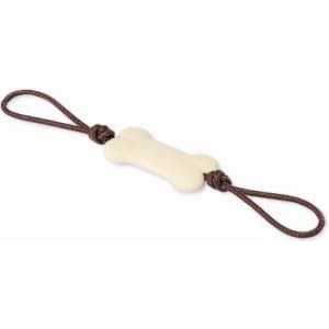 A dog chew toy shaped like a bone, featuring a cream-colored centre with brown rope handles on each end.