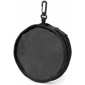 A round black pouch with a zipper and a clip for attachment. Features a simple design with a fabric finish.