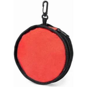 A round red zippered pouch with a clip for attachment, featuring a black trim.