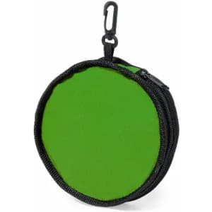 A green round pouch with a zipper, featuring a black zipper and clip on top for easy attachment.