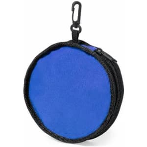 A round, blue zippered pouch with a clip. The pouch features a simple, solid design and a black zipper.