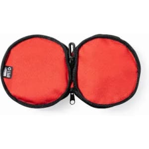 A red zippered pouch featuring a divided interior, made from durable fabric with a black trim.