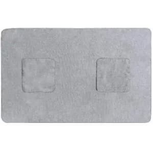 A grey bath mat with two textured square patches on the surface and rounded edges. It features a soft, plush design.