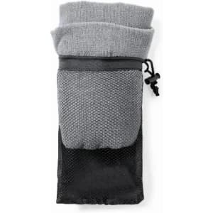 A grey drink bottle with a black mesh sleeve and a drawstring closure, featuring a logo.