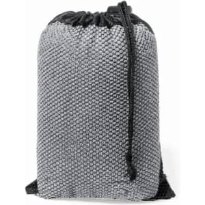 A drawstring bag in grey mesh fabric with a black cord closure, featuring a simple design and logo.