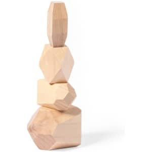 A wooden stacking toy featuring four geometric shapes in natural wood finish, arranged in a balanced tower.