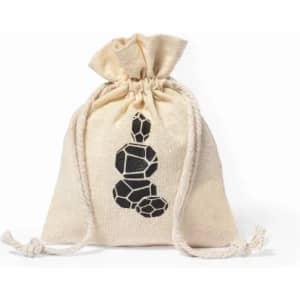 A drawstring bag made of natural fabric featuring a black geometric pattern, secured with a rope closure.