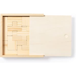 A wooden puzzle set contained in a light-coloured box, featuring various geometric shapes arranged inside.