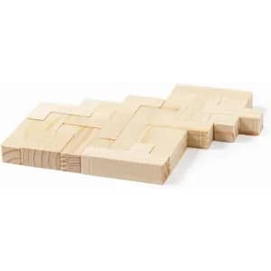 A wooden puzzle featuring interlocking pieces in light timber. The design has various shapes and angles.