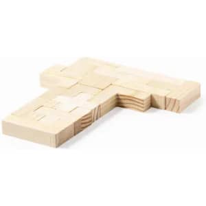 A wooden puzzle piece shaped like a letter 'T' with a natural finish. It has an interlocking design.