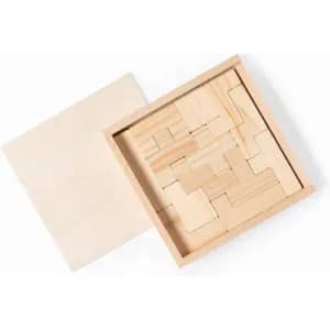 A wooden puzzle set in a square frame, featuring various geometric pieces, with a plain lid beside it.