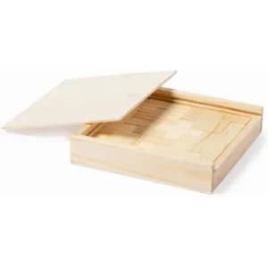 A wooden box with a hinged lid, featuring a flat base and a compartmentalised interior.