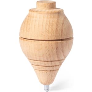 A wooden spinning top with a smooth, natural finish and a pointed tip, featuring decorative grooves around its body.