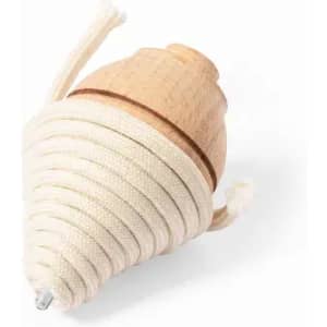 A wooden top with a beige cord wrapped around it, featuring a light wooden base and a pointed tip.