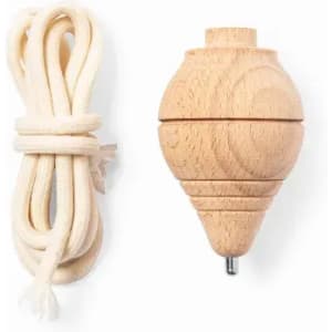 A wooden spinning top in natural colour, accompanied by a white cord.