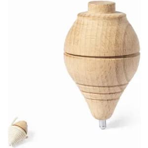 A wooden spinning top in natural finish with a smaller spinning top beside it. Each top has a smooth, rounded shape.