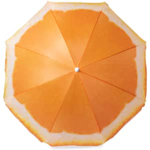 An orange-themed umbrella featuring a design resembling an orange slice, with bright orange and white colours.