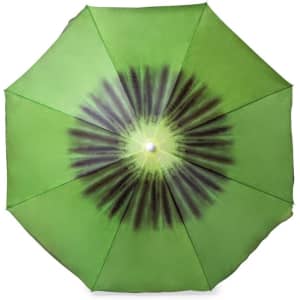 A green umbrella featuring a radial design in darker green tones and a central button. It has a logo on the top.