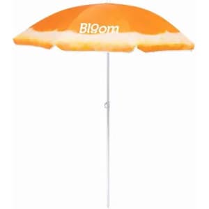 An orange beach umbrella with a white pole and a logo on top.