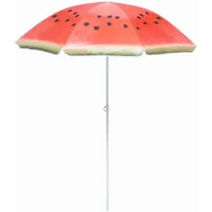 A beach umbrella featuring a watermelon slice design, primarily in red, green, and black colours. It has a white pole.