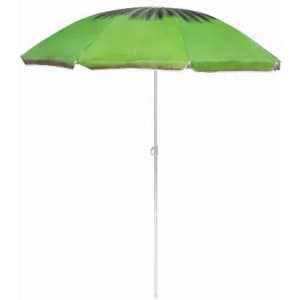 A green beach umbrella with a white pole, featuring a pattern on the canopy.