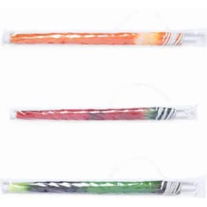 A promotional product featuring three colourful pens in orange, red, and green, each wrapped in protective packaging.