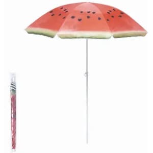 A beach umbrella featuring a watermelon design with shades of red and green, supported by a white pole.