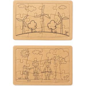 Two cardboard puzzles featuring outlined drawings of a landscape with wind turbines and a boy and girl in a park.