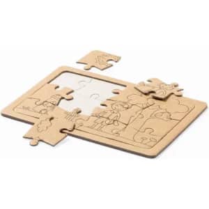 A wooden puzzle featuring a simple design with several pieces scattered around. The puzzle includes a frame outline.