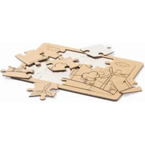 A puzzle featuring wooden pieces depicting a landscape with clouds and wind turbines. It has a natural brown finish.