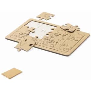 A wooden puzzle featuring a partially completed scene with puzzle pieces scattered around. The design includes trees and a sun.