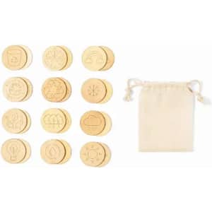 A set of circular wooden tokens with various designs, accompanied by a small beige drawstring storage bag.