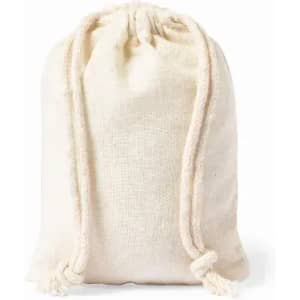 A drawstring bag in natural, light beige fabric with two rope ties at the opening.