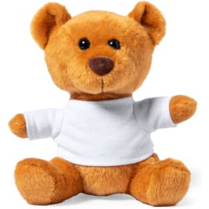 A plush teddy bear in orange-brown, wearing a plain white shirt, sitting upright with a friendly expression.